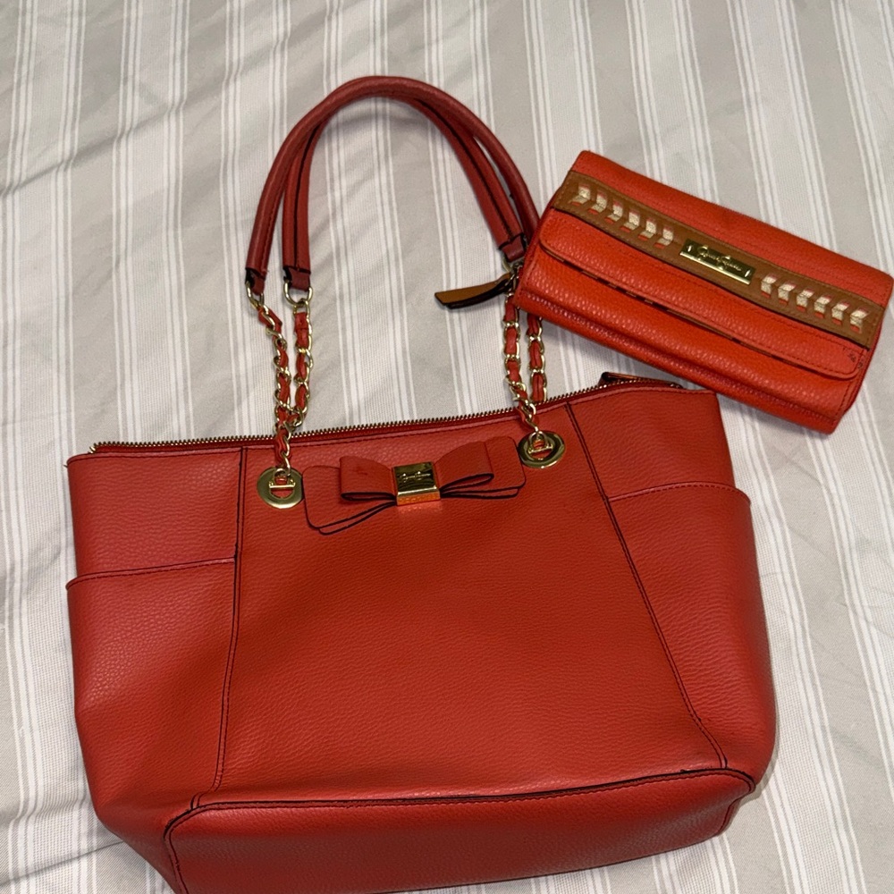 Elegant Red Shoulder Bag and Wallet Set